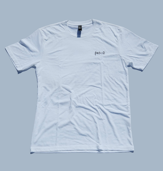 White shirt with small Black letters on left chest