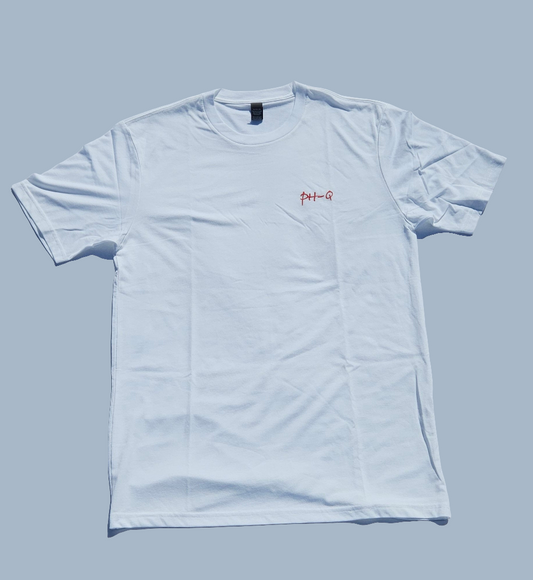 White Shirt with small Red letters on left chest