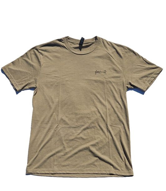 Coyote Brown with small Black letters on left chest